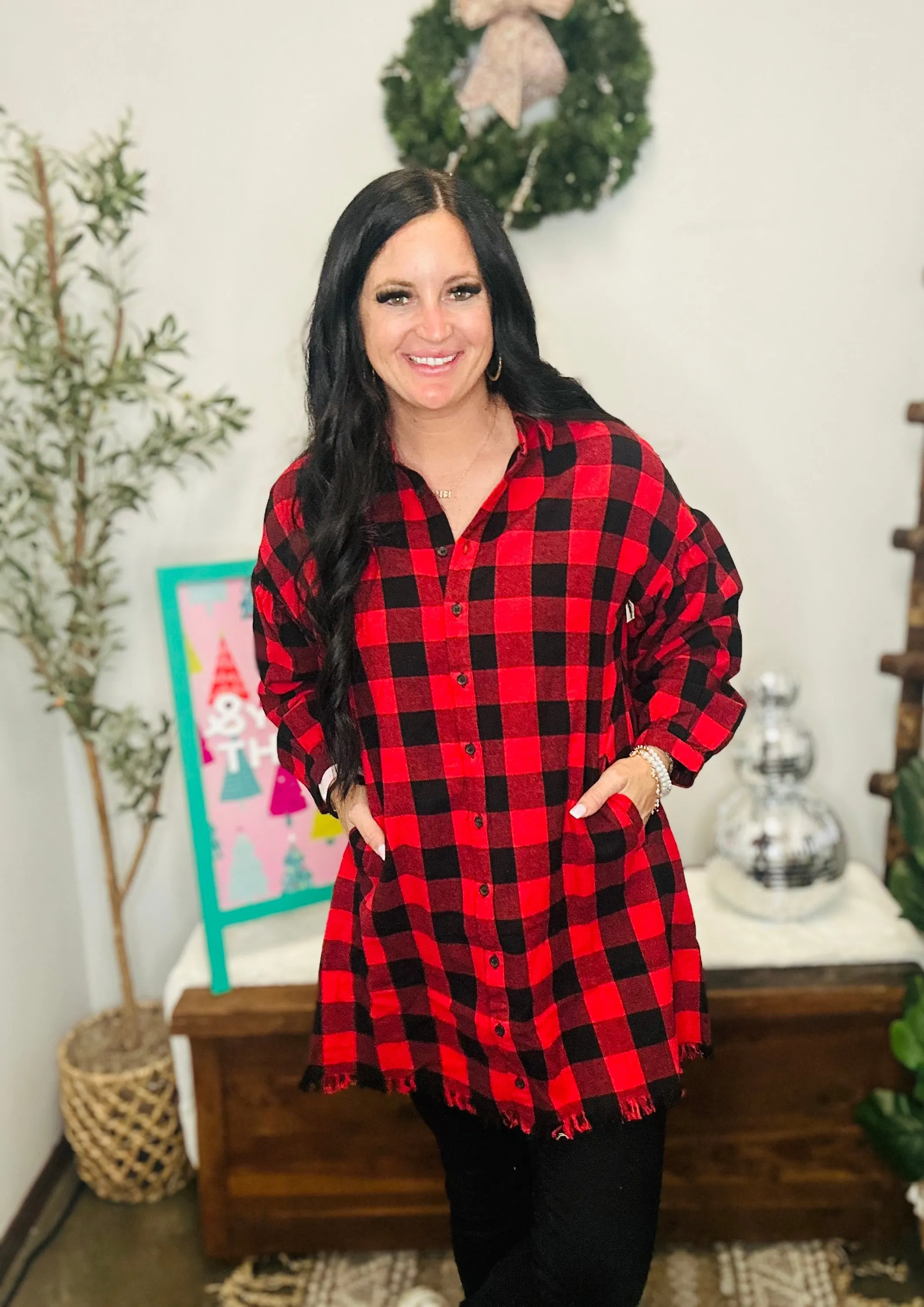 Starla Oversized Red Buffalo Plaid Shirt