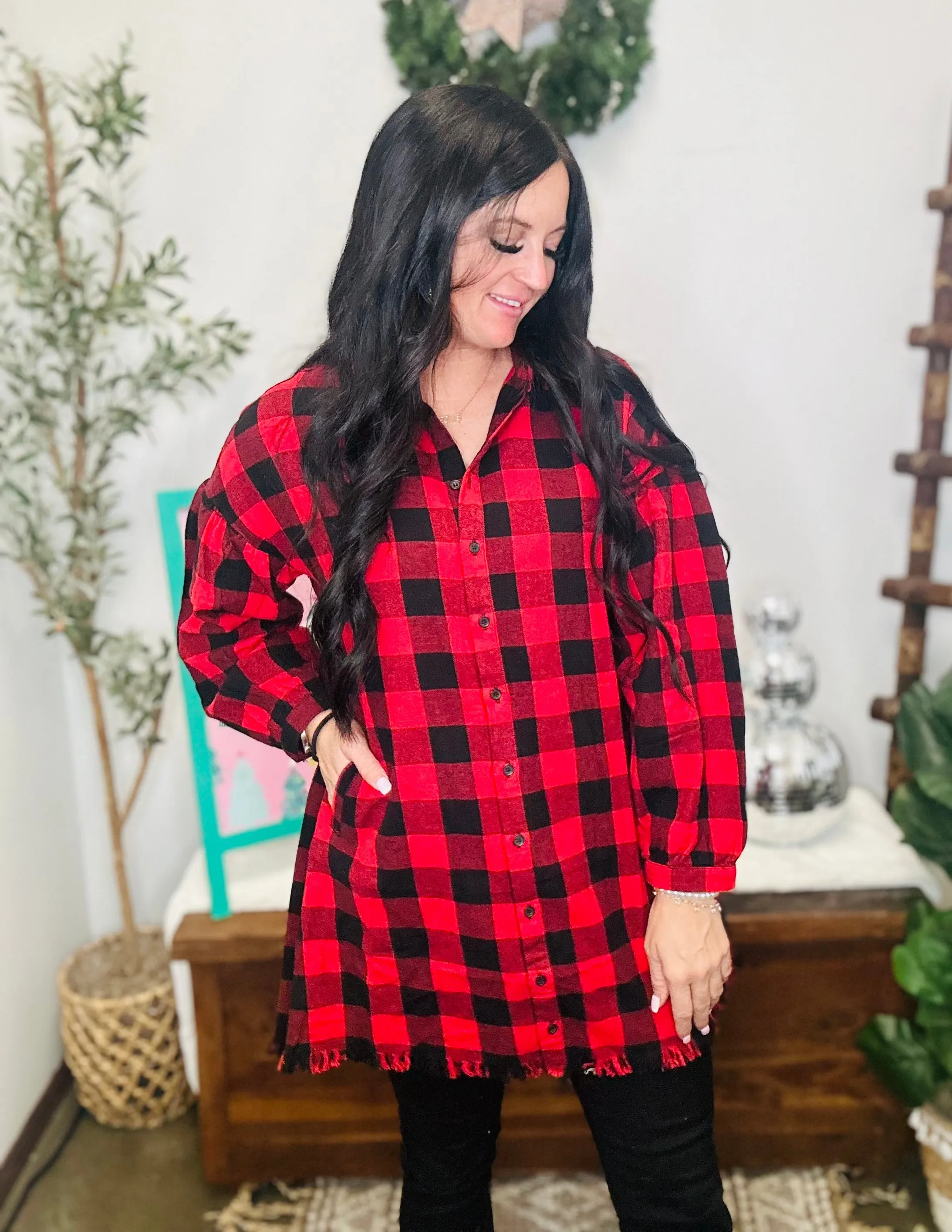 Starla Oversized Red Buffalo Plaid Shirt