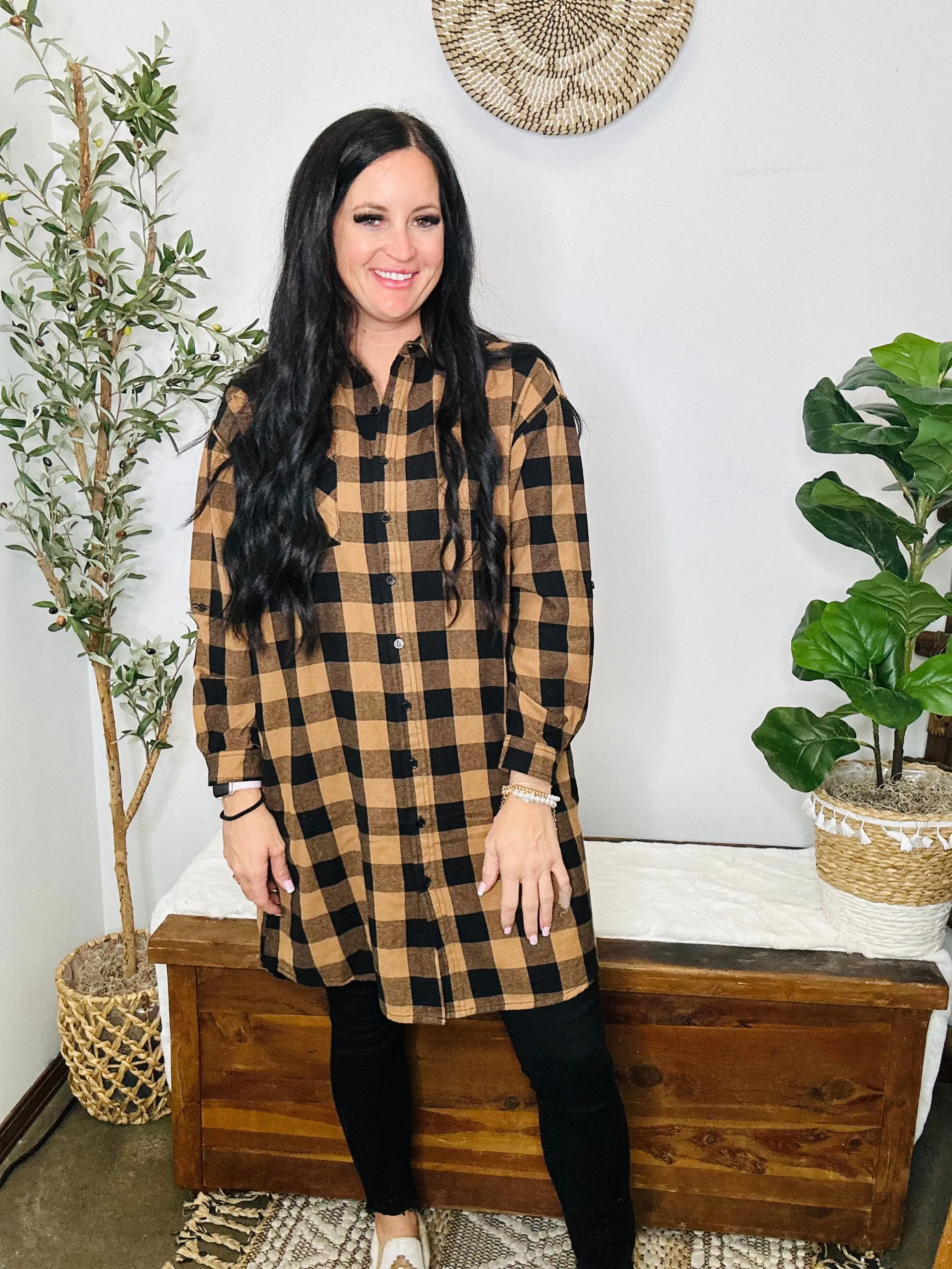 Starla Oversized Sand Plaid Shirt Dress