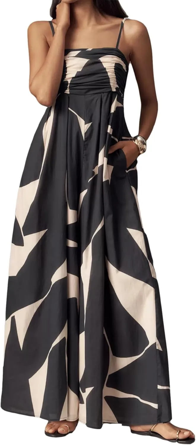 Summer Casual Sleeveless Spaghetti Strap Boho Wide Leg Jumpsuits for Women 2025 Trendy One Piece Outfits Long Rompers