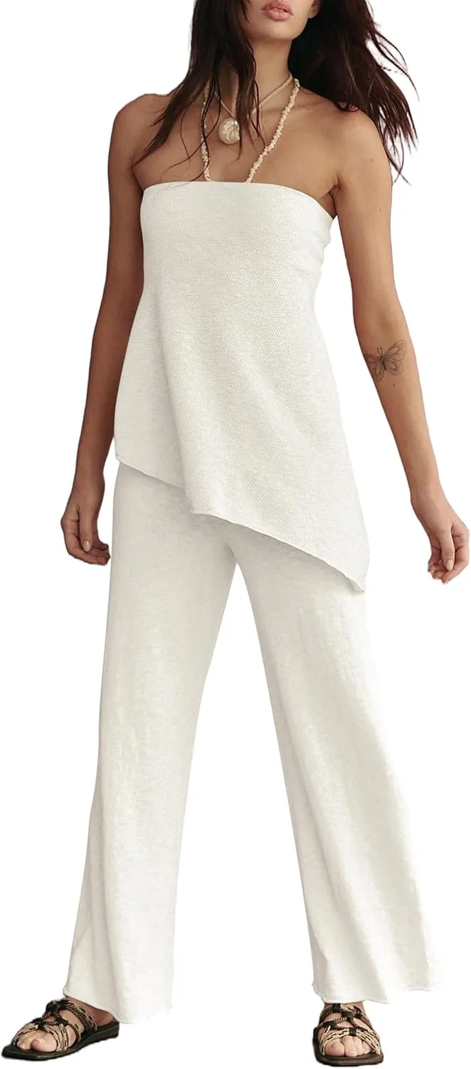 Summer Knit Sweater Sets Women Sexy Tube Top with Build-In Bra and Loose Pant 2 Piece Outfits 2025 Lounge Matching Set