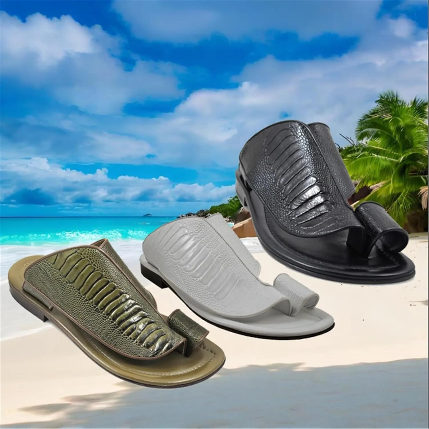 Summer Slip-On Leather Durable Bunion Relief Men's Walking Sandals, Snake Pattern Open Toe Non- Slip Breathable Plantar Fasciitis Slippers, for Dad on Christmas Birthday Fathers Day