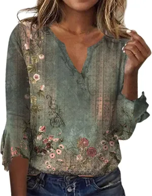 Summer Tops for Women Boho 3/4 Sleeve Vintage Floral Shirts Plus Size Ruffle Sleeve V Neck Tshirt Fashion Blouses