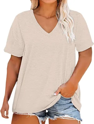 Summer Tops for Women Trendy 2025 V Neck Short Sleeve T-Shirts Solid Color Oversized Outfits Casual Loose Fit Blouses