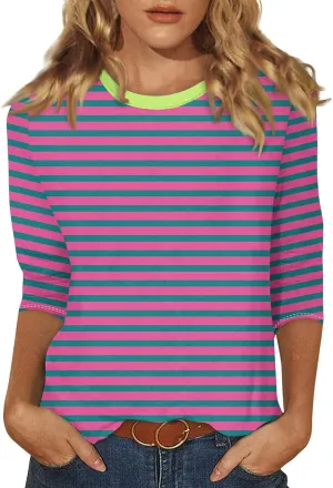 Summer Tops Round Neck 3/4 Sleeve Shirts Casual Trendy Blouses Cute Basic Tunic Loose Fit Daily Versatile Clothing