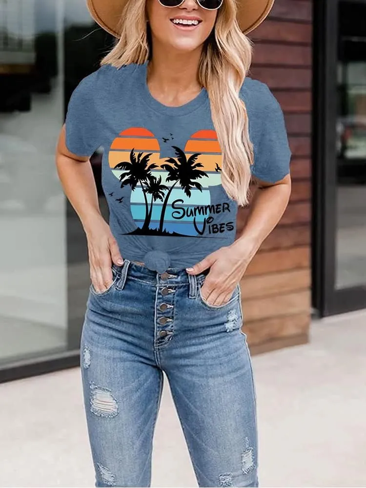 Summer Vibes Tshirt Womens Funny Cute Graphic Tees Hawaiian Beach Vacation Palm Tree Letter Print Tops
