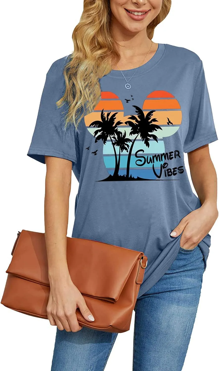 Summer Vibes Tshirt Womens Funny Cute Graphic Tees Hawaiian Beach Vacation Palm Tree Letter Print Tops