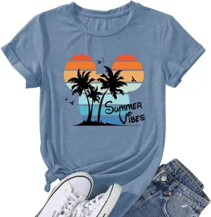 Summer Vibes Tshirt Womens Funny Cute Graphic Tees Hawaiian Beach Vacation Palm Tree Letter Print Tops