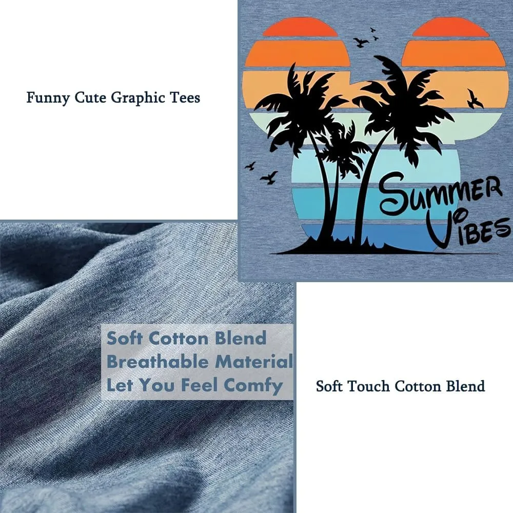 Summer Vibes Tshirt Womens Funny Cute Graphic Tees Hawaiian Beach Vacation Palm Tree Letter Print Tops