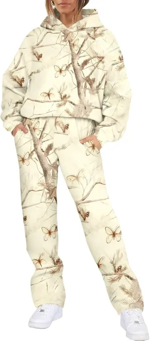 Sweat Suits for Womens Camo Hoodie 2 Piece Long Sleeve Crewneck Sweatshirts Wide Leg Sweatpants Matching Lounge Sets
