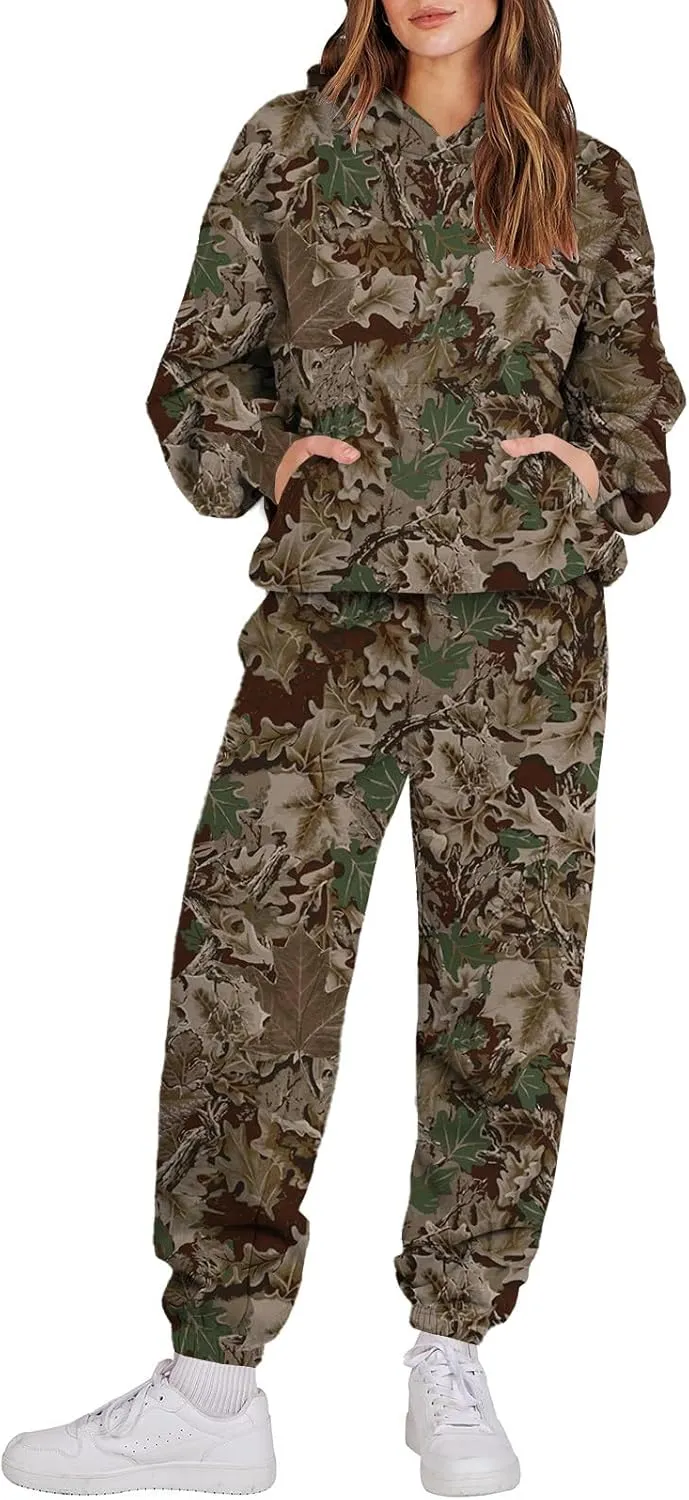 Sweat Suits for Womens Camo Hoodie 2 Piece Long Sleeve Crewneck Sweatshirts Wide Leg Sweatpants Matching Lounge Sets