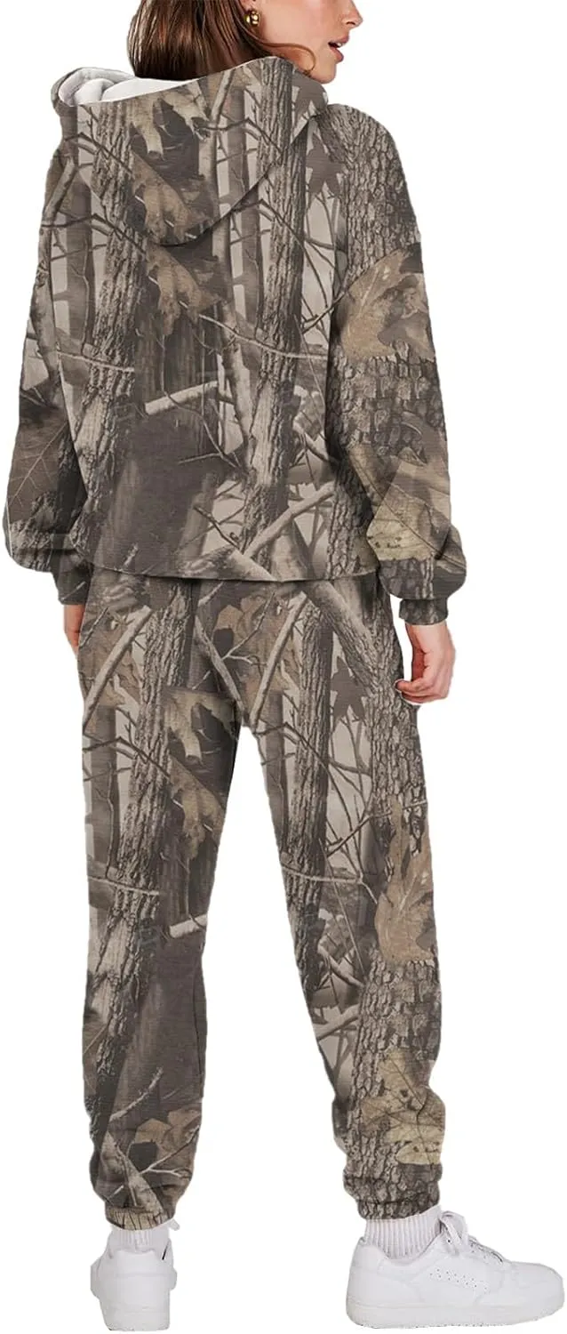 Sweat Suits for Womens Camo Hoodie 2 Piece Long Sleeve Crewneck Sweatshirts Wide Leg Sweatpants Matching Lounge Sets