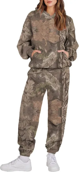 Sweat Suits for Womens Camo Hoodie 2 Piece Long Sleeve Crewneck Sweatshirts Wide Leg Sweatpants Matching Lounge Sets