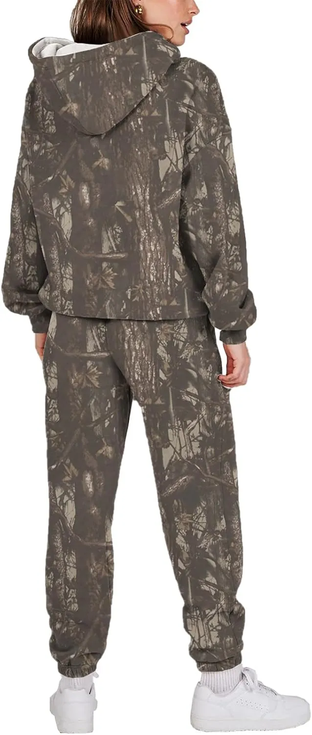 Sweat Suits for Womens Camo Hoodie 2 Piece Long Sleeve Crewneck Sweatshirts Wide Leg Sweatpants Matching Lounge Sets