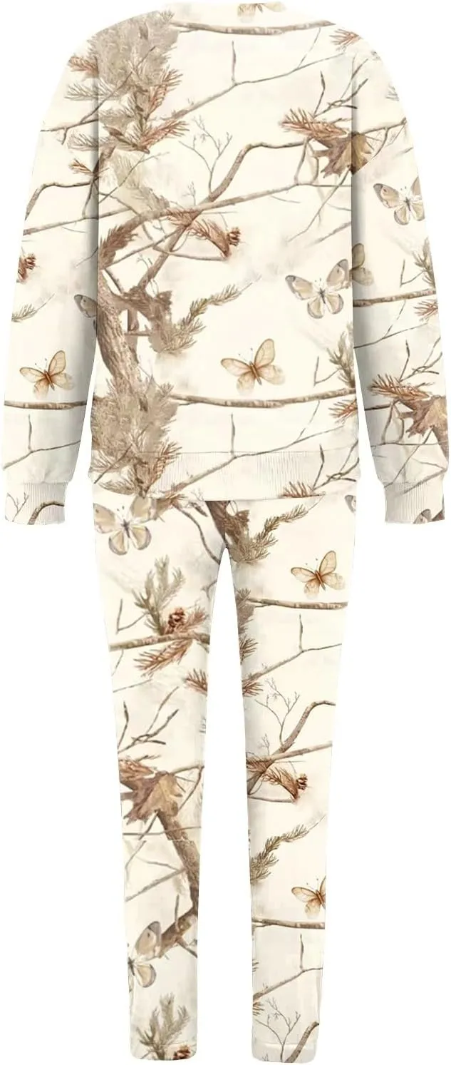 Sweat Suits for Womens Camo Hoodie 2 Piece Long Sleeve Crewneck Sweatshirts Wide Leg Sweatpants Matching Lounge Sets