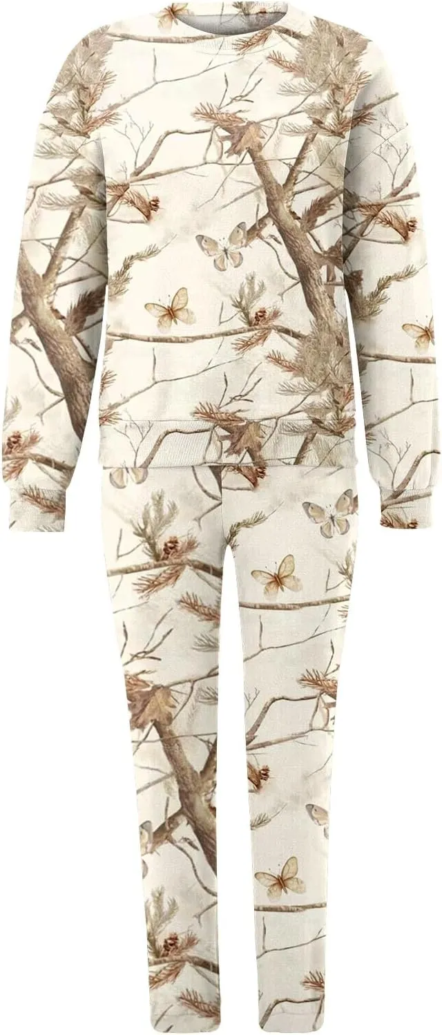 Sweat Suits for Womens Camo Hoodie 2 Piece Long Sleeve Crewneck Sweatshirts Wide Leg Sweatpants Matching Lounge Sets