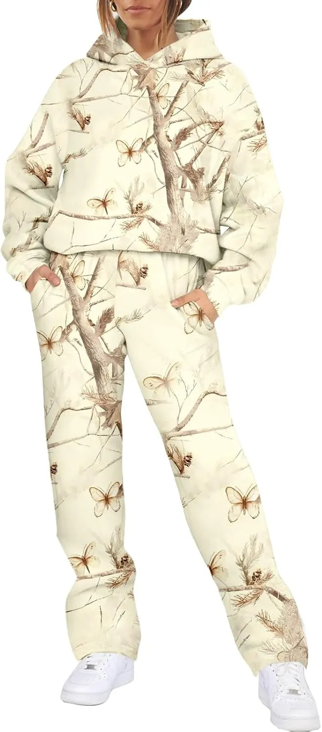 Sweat Suits for Womens Camo Hoodie 2 Piece Long Sleeve Crewneck Sweatshirts Wide Leg Sweatpants Matching Lounge Sets