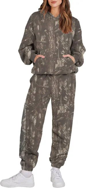 Sweat Suits for Womens Camo Hoodie 2 Piece Long Sleeve Crewneck Sweatshirts Wide Leg Sweatpants Matching Lounge Sets