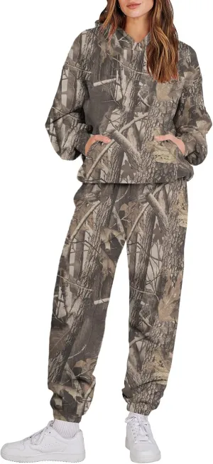 Sweat Suits for Womens Camo Hoodie 2 Piece Long Sleeve Crewneck Sweatshirts Wide Leg Sweatpants Matching Lounge Sets