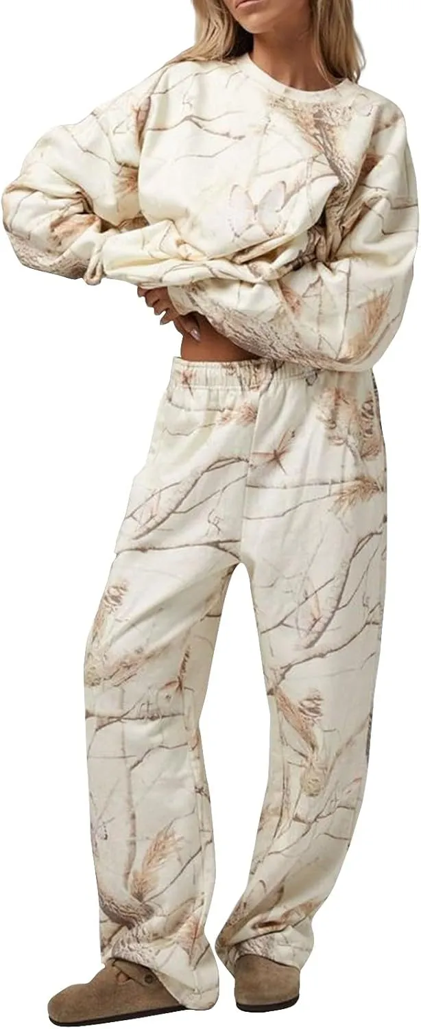 Sweat Suits for Womens Camo Hoodie 2 Piece Long Sleeve Crewneck Sweatshirts Wide Leg Sweatpants Matching Lounge Sets