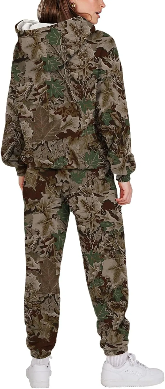 Sweat Suits for Womens Camo Hoodie 2 Piece Long Sleeve Crewneck Sweatshirts Wide Leg Sweatpants Matching Lounge Sets