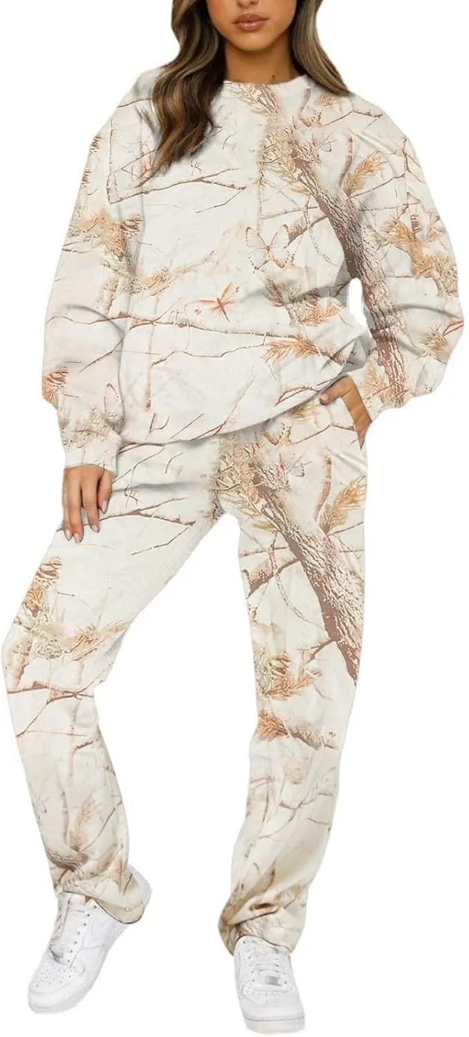 Sweat Suits for Womens Camo Hoodie 2 Piece Long Sleeve Crewneck Sweatshirts Wide Leg Sweatpants Matching Lounge Sets
