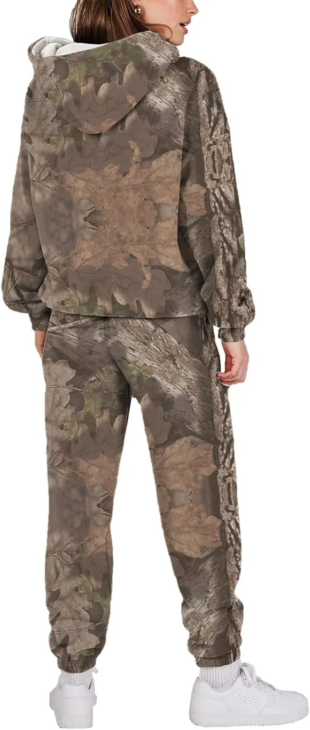 Sweat Suits for Womens Camo Hoodie 2 Piece Long Sleeve Crewneck Sweatshirts Wide Leg Sweatpants Matching Lounge Sets