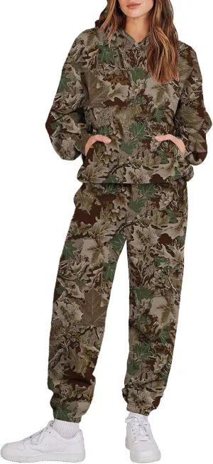Sweat Suits for Womens Camo Hoodie 2 Piece Long Sleeve Crewneck Sweatshirts Wide Leg Sweatpants Matching Lounge Sets