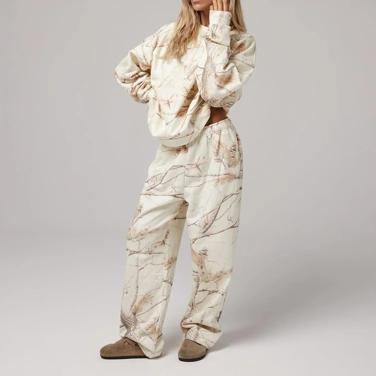 Sweat Suits for Womens Camo Hoodie 2 Piece Long Sleeve Crewneck Sweatshirts Wide Leg Sweatpants Matching Lounge Sets