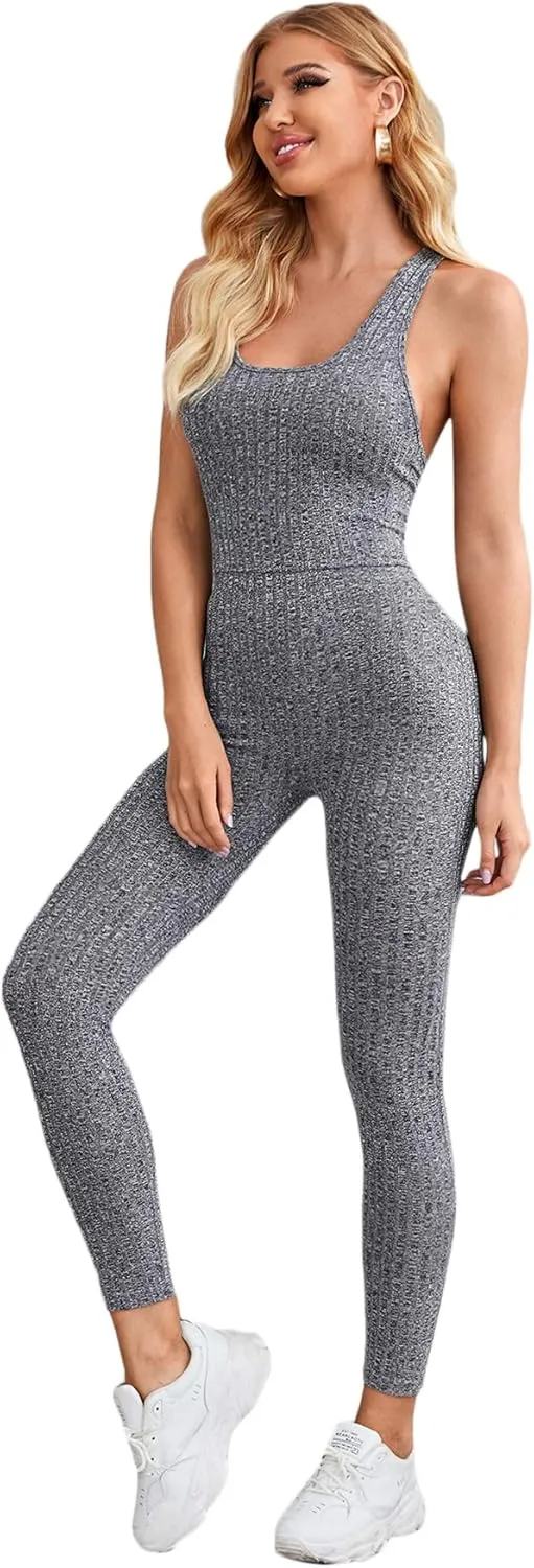 SweatyRocks Women's Spaghetti Strap Criss Cross Back Bodycon Tank Jumpsuits Rompers Playsuit