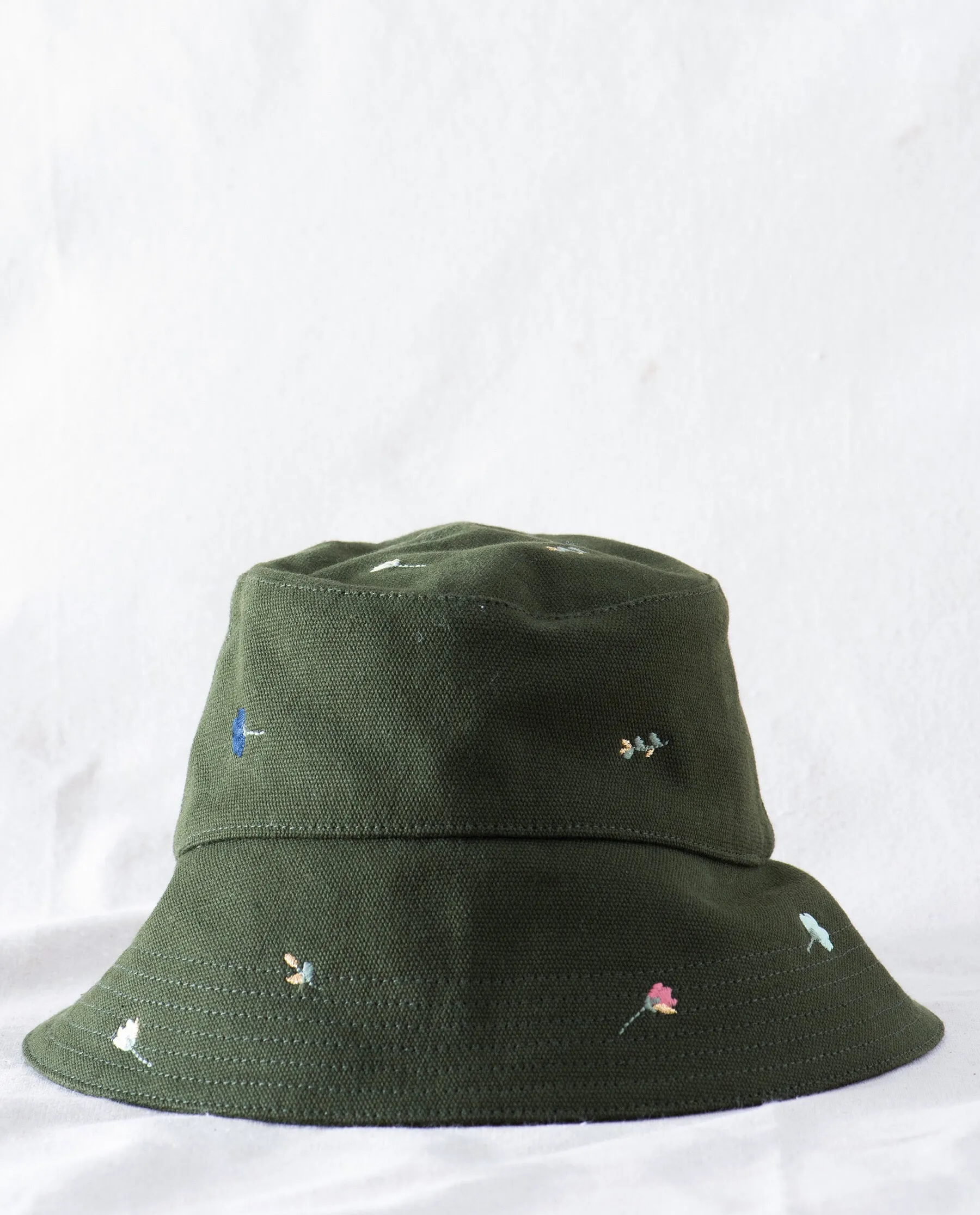 The Bucket Hat. -- Army with Tossed Floral Embroidery