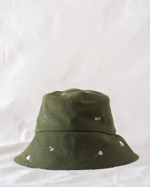 The Bucket Hat. -- Army with Tossed Floral Embroidery