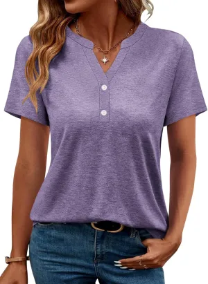 TICTICMIMI Women's V Neck Short Sleeve Tops Button Down Casual T Shirts Basic Dressy Tees