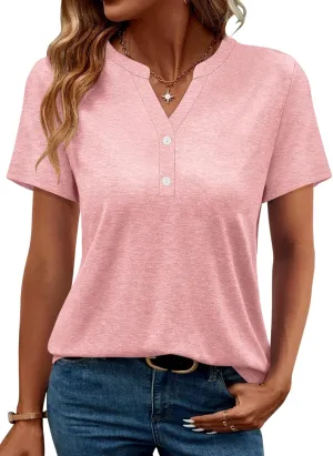 TICTICMIMI Women's V Neck Short Sleeve Tops Button Down Casual T Shirts Basic Dressy Tees