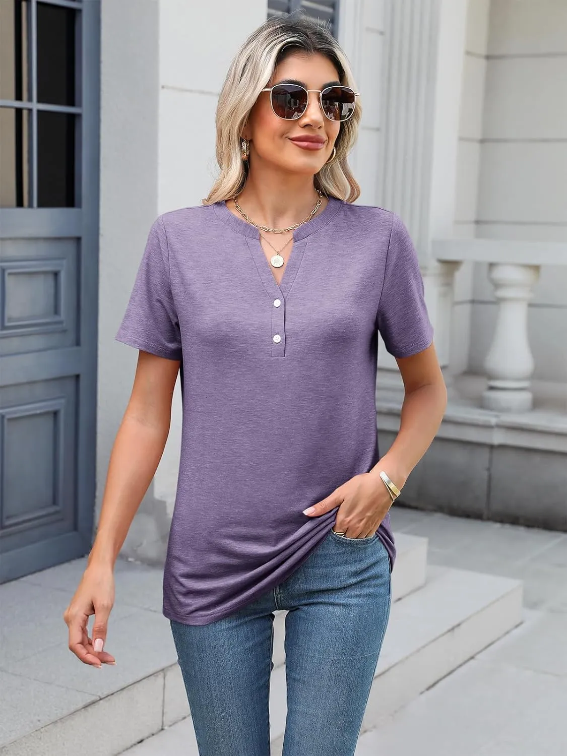TICTICMIMI Women's V Neck Short Sleeve Tops Button Down Casual T Shirts Basic Dressy Tees