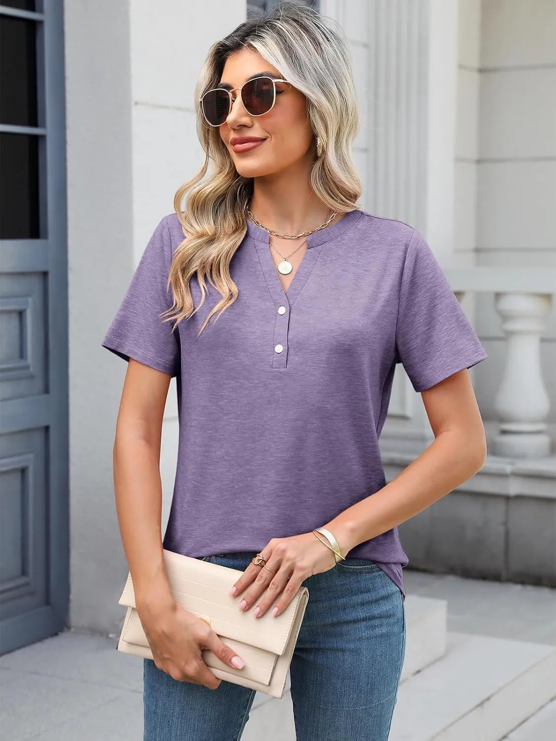 TICTICMIMI Women's V Neck Short Sleeve Tops Button Down Casual T Shirts Basic Dressy Tees