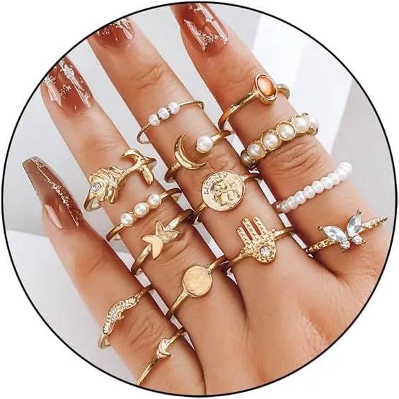 Todenb Gold Knuckle Rings Set for Women,Vintage Stackable Dainty Joint Finger Gold Jewelry Set,Butterfly pearl coin wave moon Stacking Rings Set Dainty Joint Finger Rings Midi Pinky Rings Pack