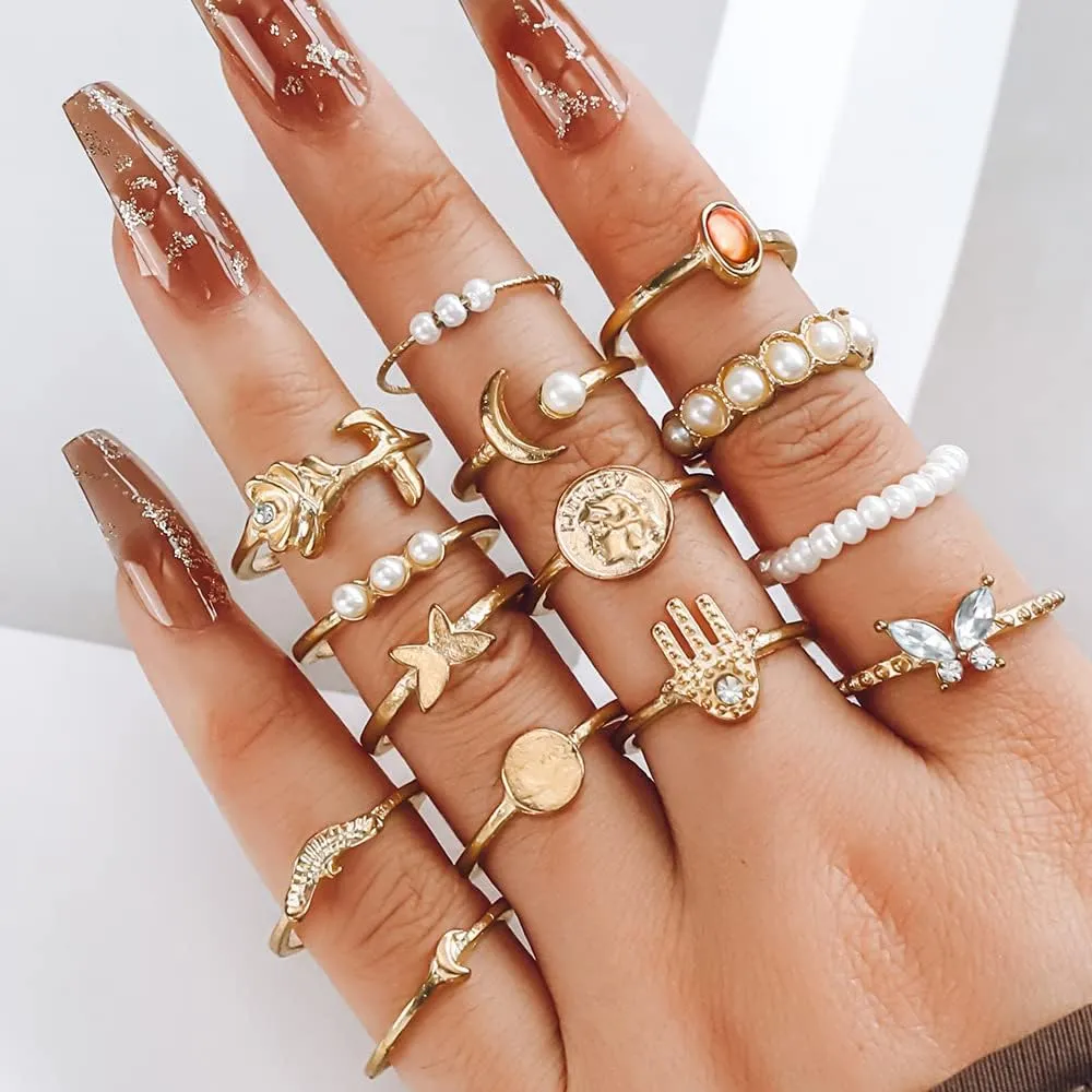 Todenb Gold Knuckle Rings Set for Women,Vintage Stackable Dainty Joint Finger Gold Jewelry Set,Butterfly pearl coin wave moon Stacking Rings Set Dainty Joint Finger Rings Midi Pinky Rings Pack