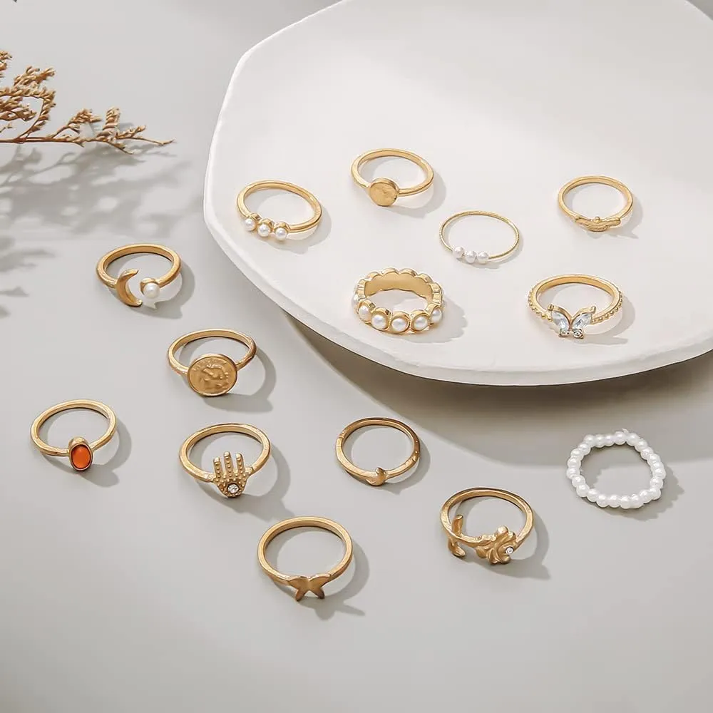 Todenb Gold Knuckle Rings Set for Women,Vintage Stackable Dainty Joint Finger Gold Jewelry Set,Butterfly pearl coin wave moon Stacking Rings Set Dainty Joint Finger Rings Midi Pinky Rings Pack