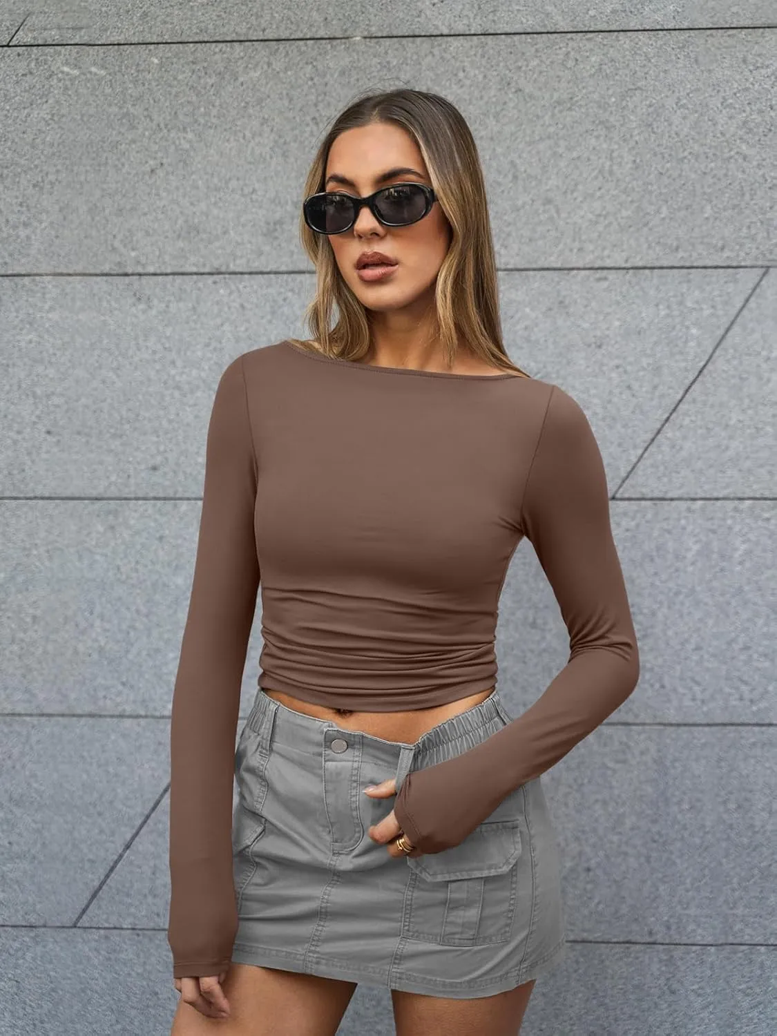 Trendy Queen Women's Boat Neck Tops Long Sleeve Shirts Casual Fitted Tee Shirts Solid Color Fall Basic Clothes