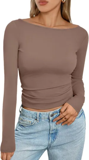 Trendy Queen Women's Boat Neck Tops Long Sleeve Shirts Casual Fitted Tee Shirts Solid Color Fall Basic Clothes