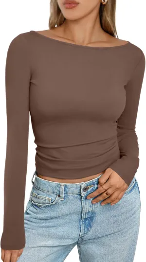 Trendy Queen Women's Boat Neck Tops Long Sleeve Shirts Casual Fitted Tee Shirts Solid Color Fall Basic Clothes