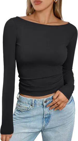 Trendy Queen Women's Boat Neck Tops Long Sleeve Shirts Casual Fitted Tee Shirts Solid Color Fall Basic Clothes