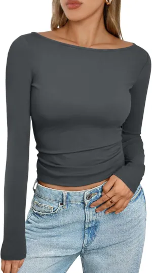 Trendy Queen Women's Boat Neck Tops Long Sleeve Shirts Casual Fitted Tee Shirts Solid Color Fall Basic Clothes