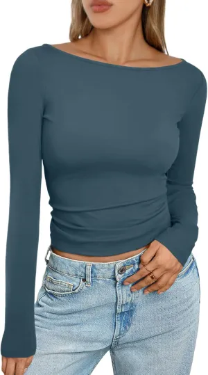 Trendy Queen Women's Boat Neck Tops Long Sleeve Shirts Casual Fitted Tee Shirts Solid Color Fall Basic Clothes