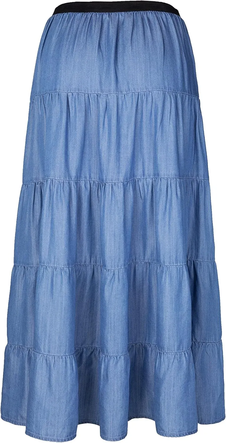 Tronjori Womens A Line Long Lightweight Tencel Denim Tiered Skirt with Multi Layers