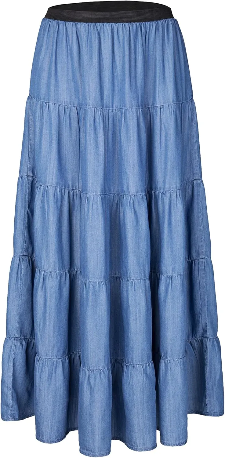 Tronjori Womens A Line Long Lightweight Tencel Denim Tiered Skirt with Multi Layers