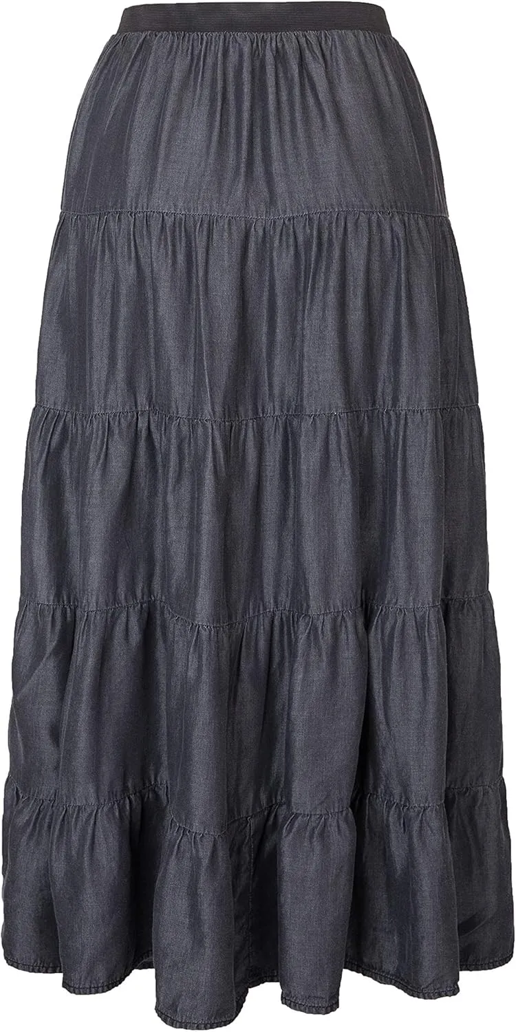 Tronjori Womens A Line Long Lightweight Tencel Denim Tiered Skirt with Multi Layers