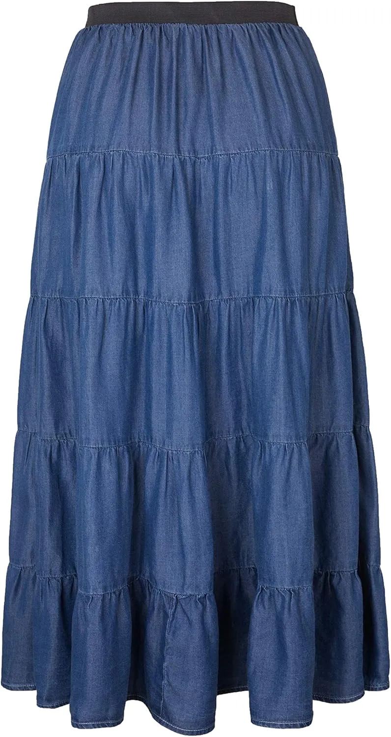 Tronjori Womens A Line Long Lightweight Tencel Denim Tiered Skirt with Multi Layers