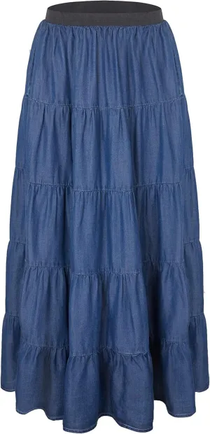 Tronjori Womens A Line Long Lightweight Tencel Denim Tiered Skirt with Multi Layers